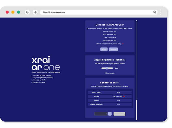 The XRAI AR One online updater tool home page