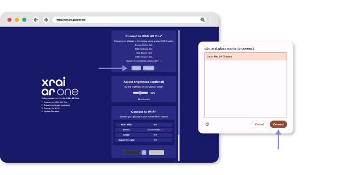 The XRAI AR One online updater tool with the two connect windows