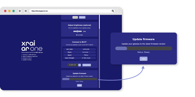 The XRAI AR One online updater tool focusing on the update firmware section