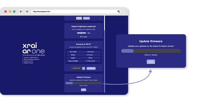 The XRAI AR One online updater tool focusing on the update firmware section